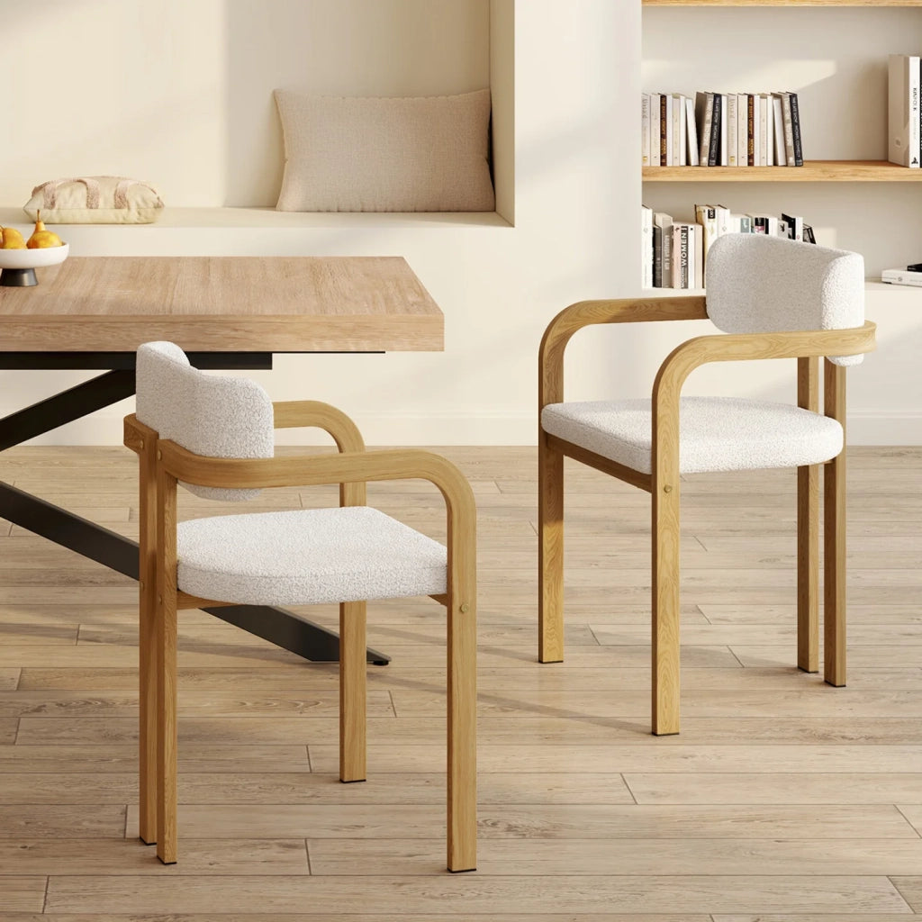IDMarket - Set di 2 sedie da pranzo e poltroncine da tavolo ESMA in metallo effetto legno e tessuto bouclette con braccioli