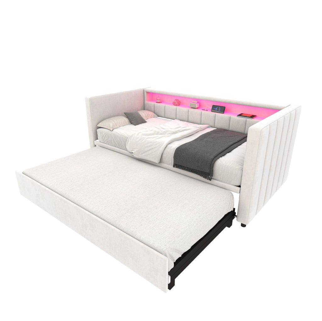 Divano letto 90x190 cm estraibile con LED e USB in velluto beige