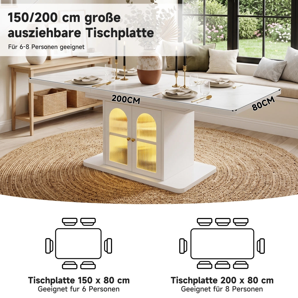 Tavolo allungabile per 6-8 persone con contenitore e led controllato da app in MDF bianco per sala da pranzo 200 × 80 × 76 cm