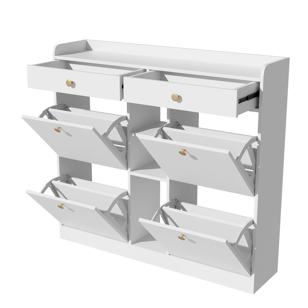 Scarpiera con 4 ante a ribalta, 2 cassetti e 3 vani aperti in legno bianco per ingresso 110 × 26 × 100 cm