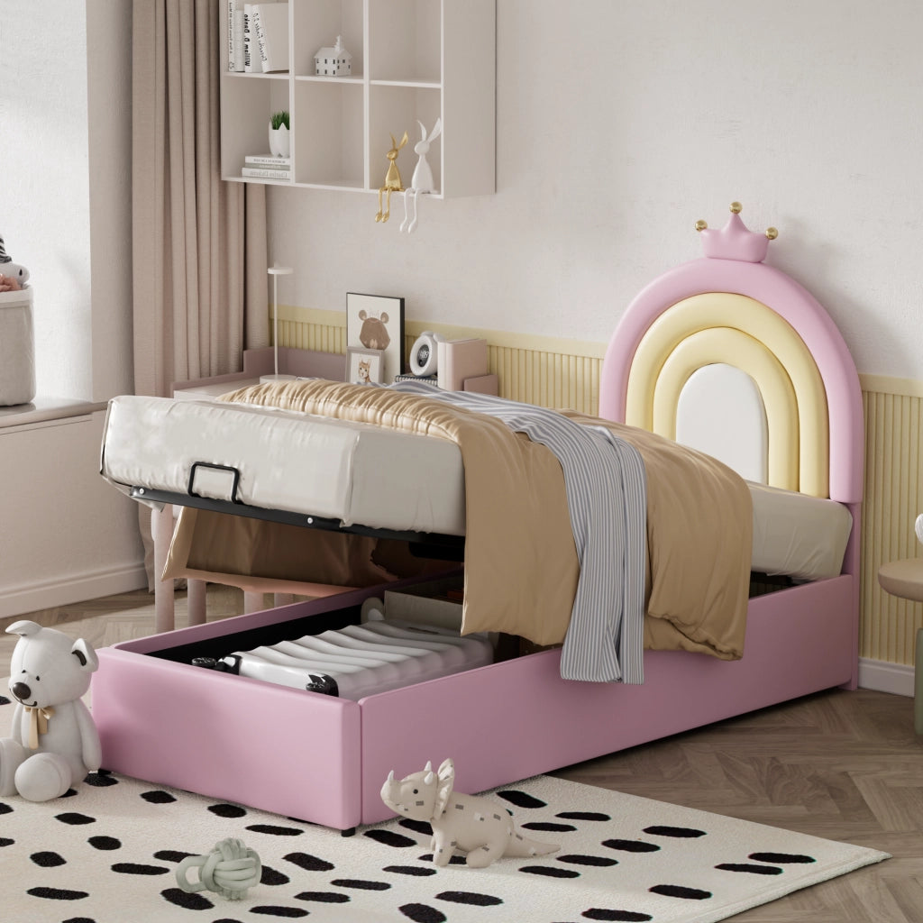 Letto imbottito singolo 90x200 cm in PU rosa; testiera regolabile e rete a doghe