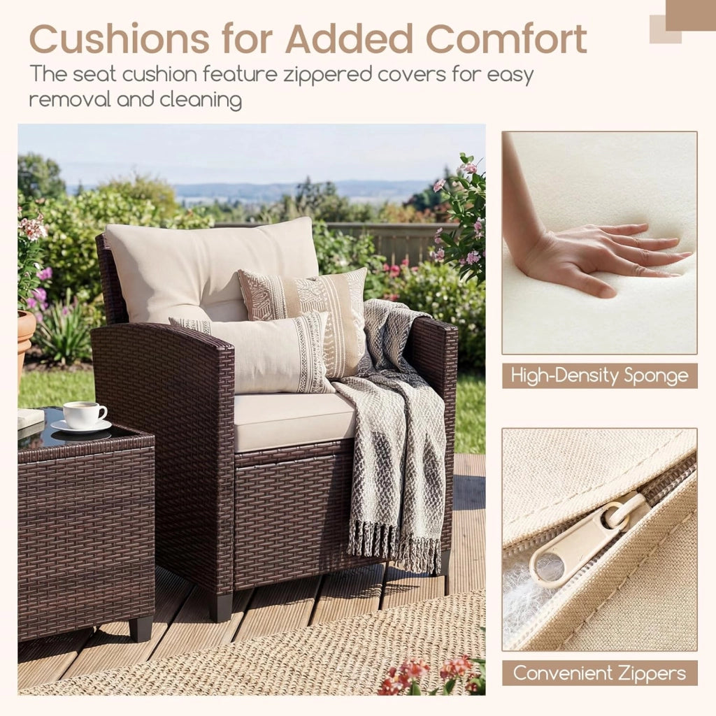 Set di Mobili da Giardino, in Rattan, 3 Pezzi Mobiletti, 1 Tavolino + 2 Poltrone, Salottino da Esterno, con Cuscini per Balcone, Giardino, Cortile, Terrazza, 3 Colori (Bianco)