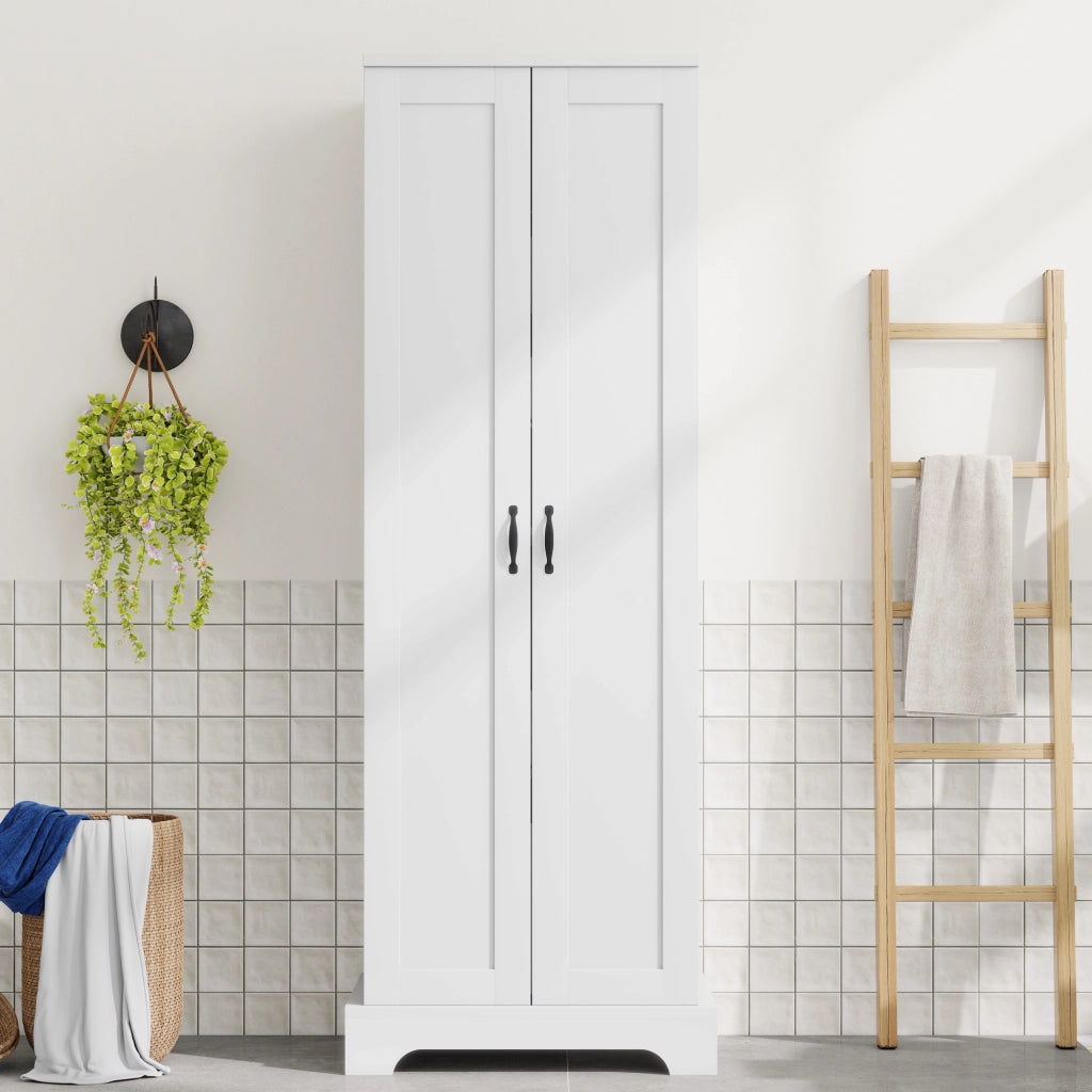 Armadietto da bagno con 2 ante, 4 vani e ripiani regolabili, soft-close, in MDF, bianco, 56 × 40 × 170 cm