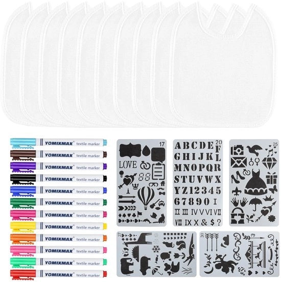 12 set di tovaglioli per dipingere, tovaglioli bianchi per bambini, tovaglioli bianchi impermeabili, sciarpa di cotone per feste di bambino, decorazione per feste di baby shower, per bambino o bambina, con 12 pennarelli di tessuto, 5 righelli