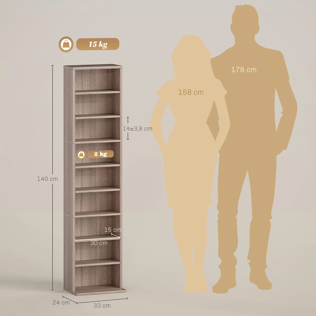Libreria per CD e DVD ¨C zephmum ¨C 9 compartimenti, 6 ripiani regolabili, 33x24x140 cm, legno naturale