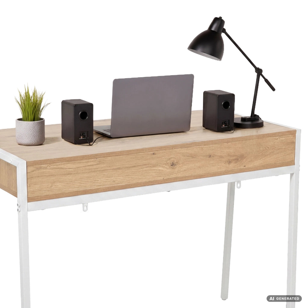 Scrivania industriale per computer Rovere Artisan ZENTIA 100 cm 2 cassetti gambe bianche