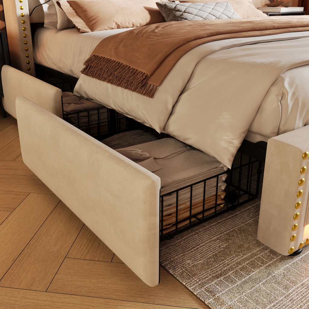 Letto 140x200 cm con 4 cassetti, LED, USB e USB-C in velluto beige