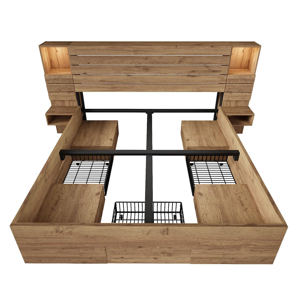 Letto matrimoniale in legno - Xylo - 160x200 cm - LED, USB-C, comodini sospesi, cassetti