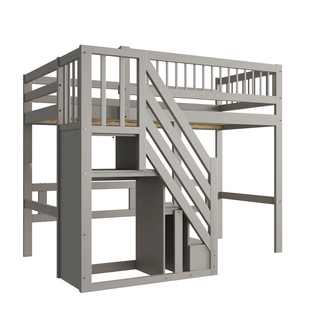 Letto singolo 90 x 200 cm con scala contenitore; legno; grigio
