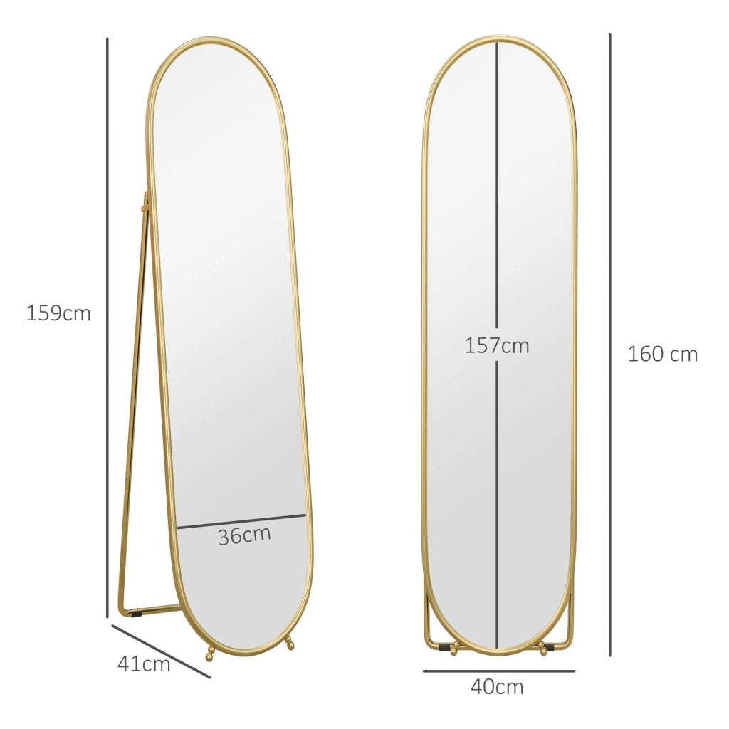 Specchio da Terra Ovale con Supporto 40x41x159 cm in Vetro e Metallo Oro