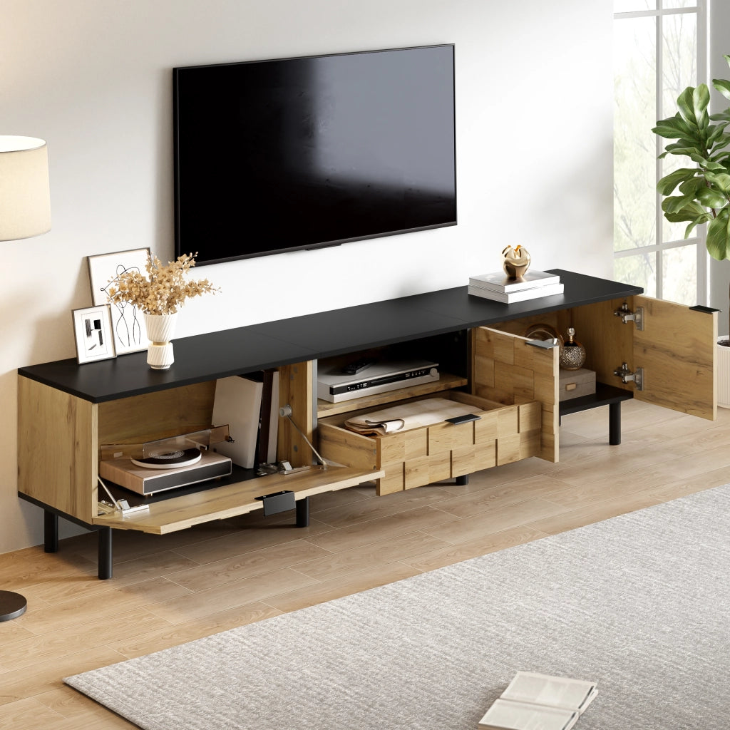 Mobile porta TV con 2 ante, 1 cassetto e vano aperto, design mosaico, in truciolato, naturale, 170 × 35 × 44,5 cm