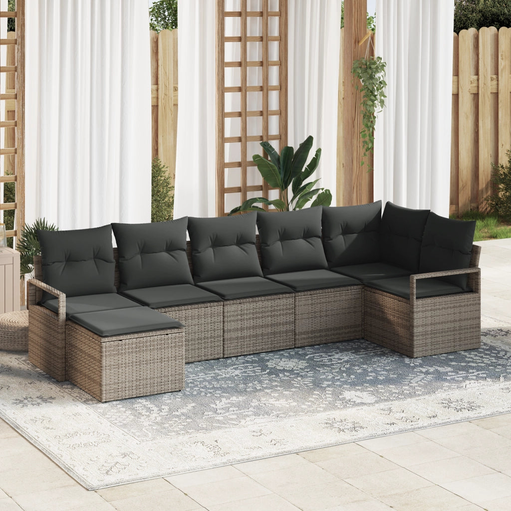Set di divano da giardino a 7 pezzi con cuscini in polyrattan grigio