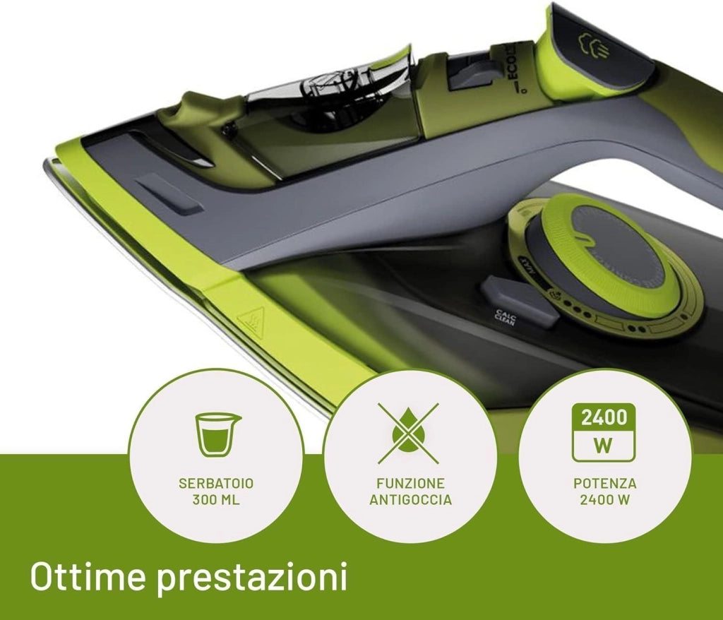 Imetec 9017 Eco Perfect Ferro da Stiro a Vapore 2400W Piastra Pro Ceramic Colpo Vapore 160g Serbatoio 300ml Tripla Protezione Anticalcare colore Verde Grigio