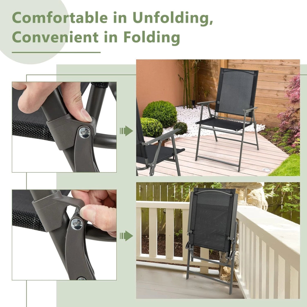 Set di 4 sedie da giardino pieghevoli, con schienale alto e bracciolo, in metallo e tessuto, portata fino a 150 kg (nero, 2)