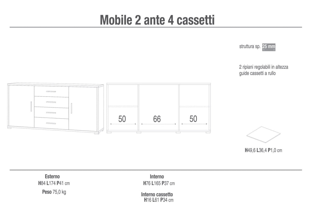 Mobile 2 Ante 4 Cassetti 174x84x41 cm Cemento