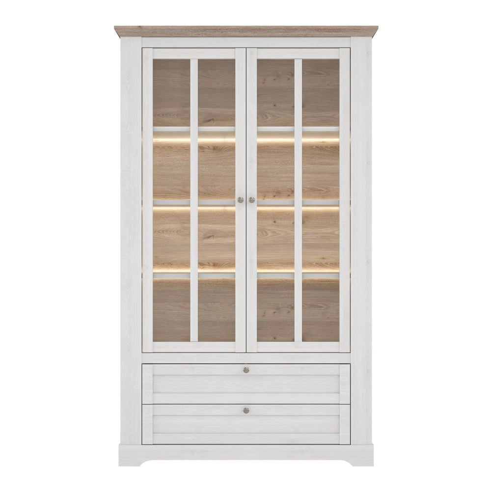 Vetrina Forma 2 Ante con Vetro, 2 Cassetti e Luci LED Rovere Bianco Neve e Olmo Scuro – Esposizione di Grande Impatto