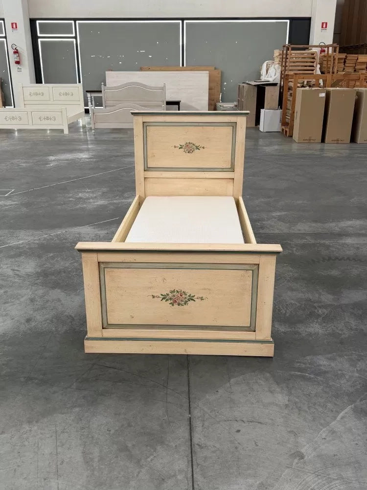 Letto  dritto singolo avorio antico filo azzurro in legno 103x209x110 (1431) - Mobili 2G