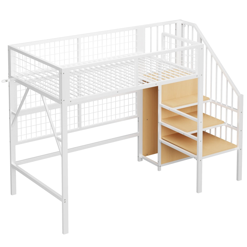 Letto a soppalco 90x200 in metallo con scala contenitore e LED; bianco