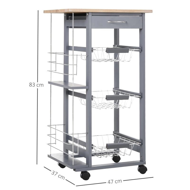 CARRELLO DA CUCINA CON CASSETTI ESTRAIBILI E 2 PORTABOTTIGLIE, IN LEGNO DI PINO E METALLO, 47X37X83 CM