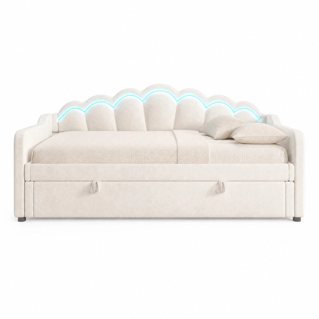 Letto singolo imbottito in velluto con contenitore e LED regolabili, 90x200 cm, beige