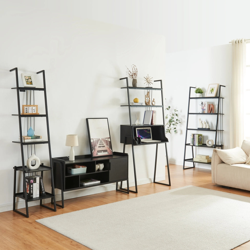 Set Storfjord Composto di Scrivania con Ripiani in Alto Mobile TV e 2 Scaffali a Scala - Nero [en.casa]
