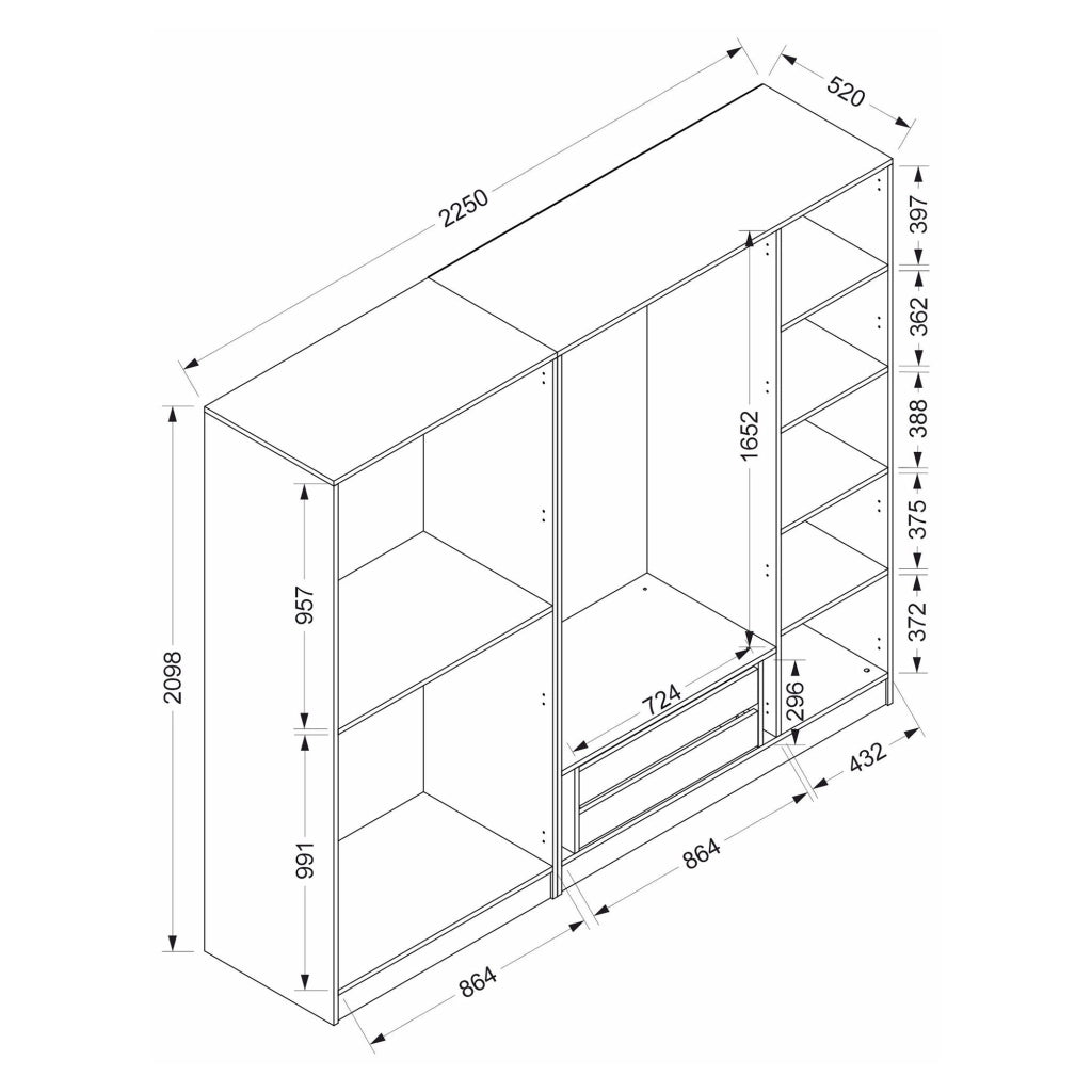 Armadio Camera da Letto Sinibalda, Guardaroba Grande Appendiabiti, 225x210h cm Nero Antracite