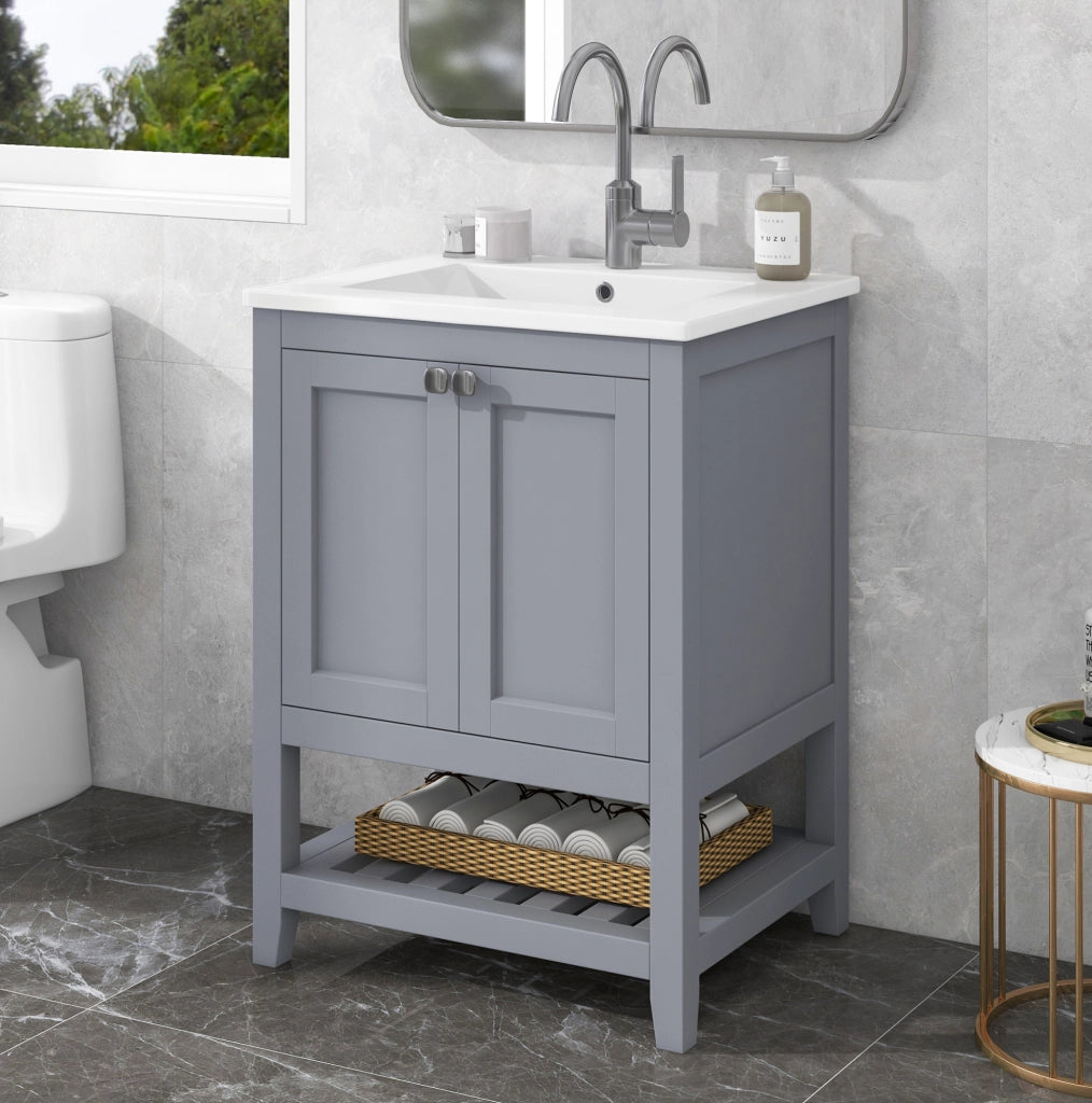 Mobile bagno con lavabo in ceramica 61 cm; grigio e bianco; da terra