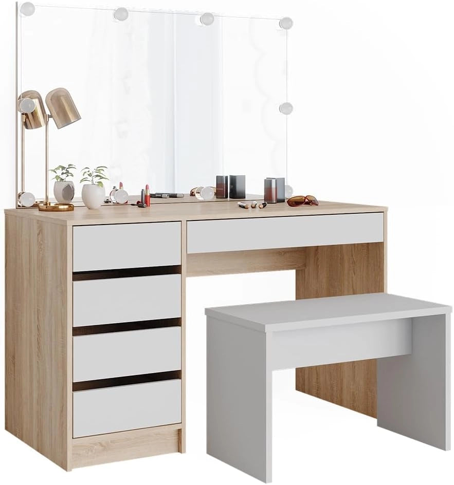 Tavolo da toeletta Sherry, Bianco/Sonoma, 120 cm con illuminazione a LED e panca, adatto per l'uso quotidiano con seduta stabile