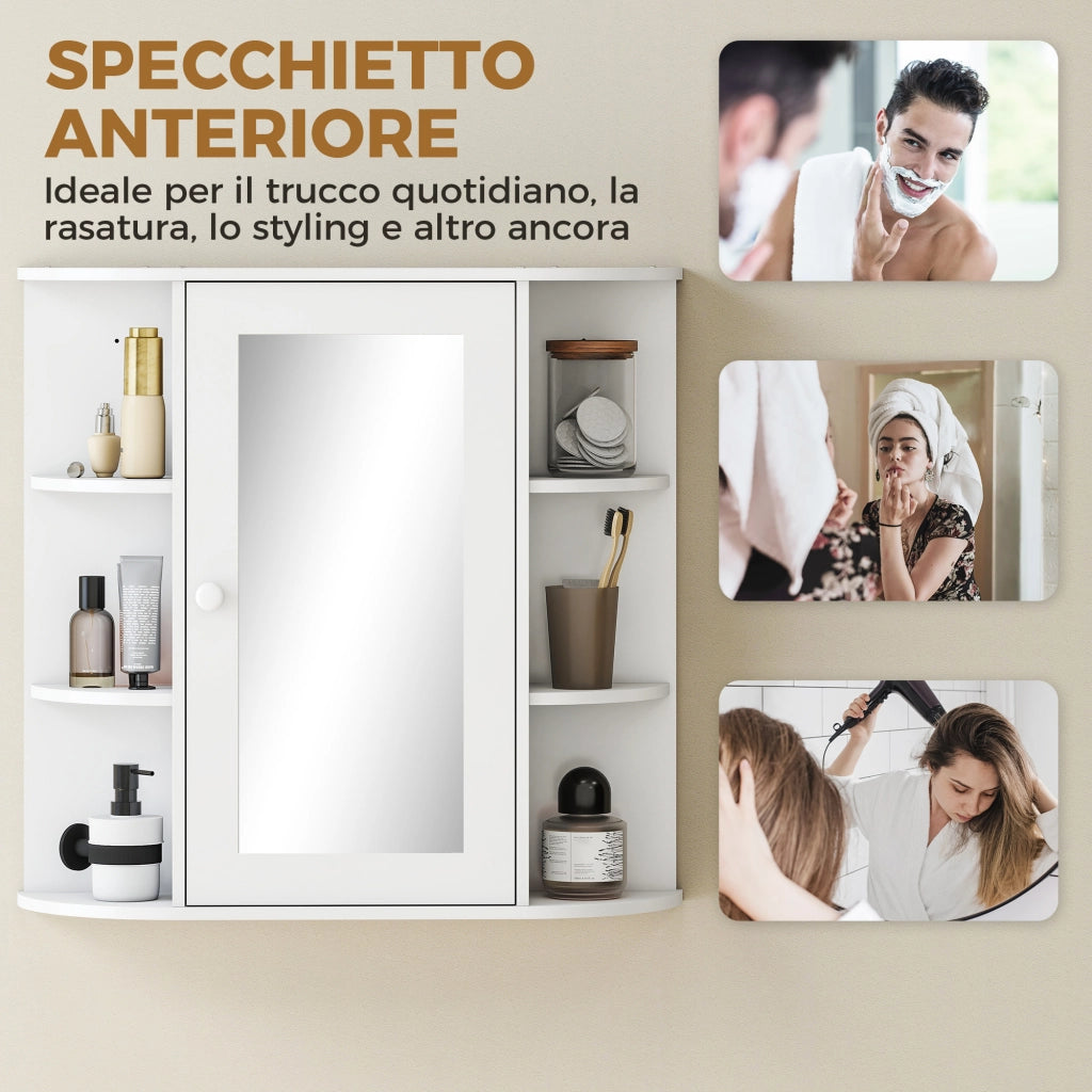 Specchio Bagno Contenitore con 6 Ripiani Aperti e 2 Chiusi, 66x17x63 cm Mobile Bagno con Specchio, Mobilettto da Parete in Vetro, Bianco