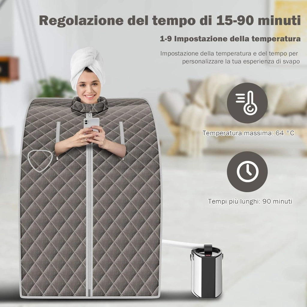 Cabina Sauna a Vapore, Sauna da Casa con Sedia, Telecomando, Timer e Temperatura Regolabili, con Funzione Atomizzazione e Coperchio di Vetro Temperato Antiscoppio (Grigio)