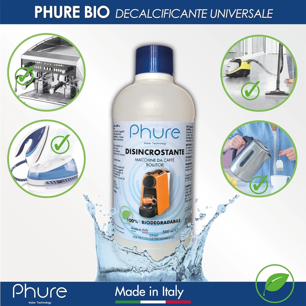 PHURE BIO DECALK Decalcificante Universale Naturale Disincrostante Concentrato Universale per tutti gli elettrodomestici Compatibile con tutte le macchine da caffè, bollitori 500ml