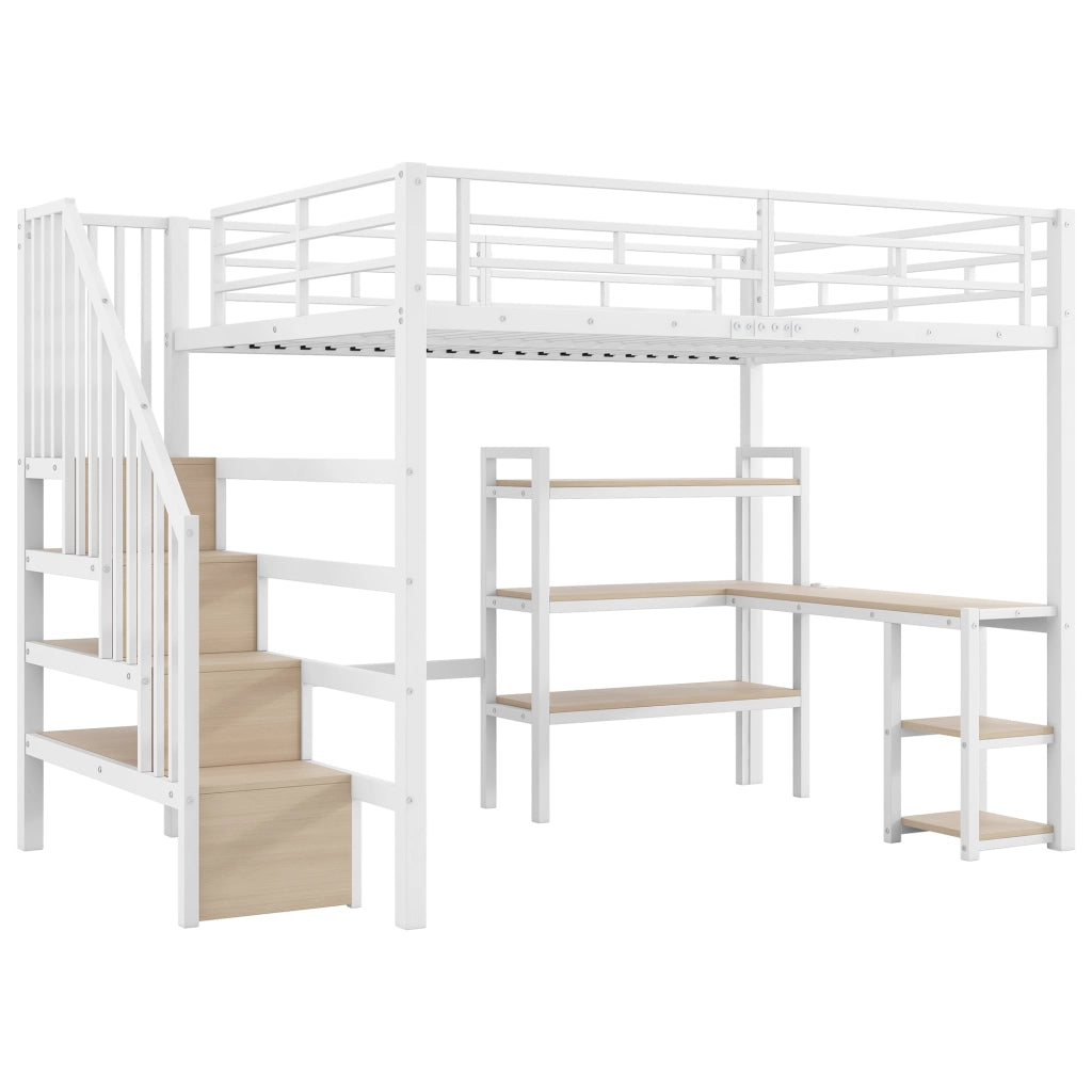 Letto a castello in metallo 140x200 - Zephmum - Con scrivania, scala, USB, LED, bianco