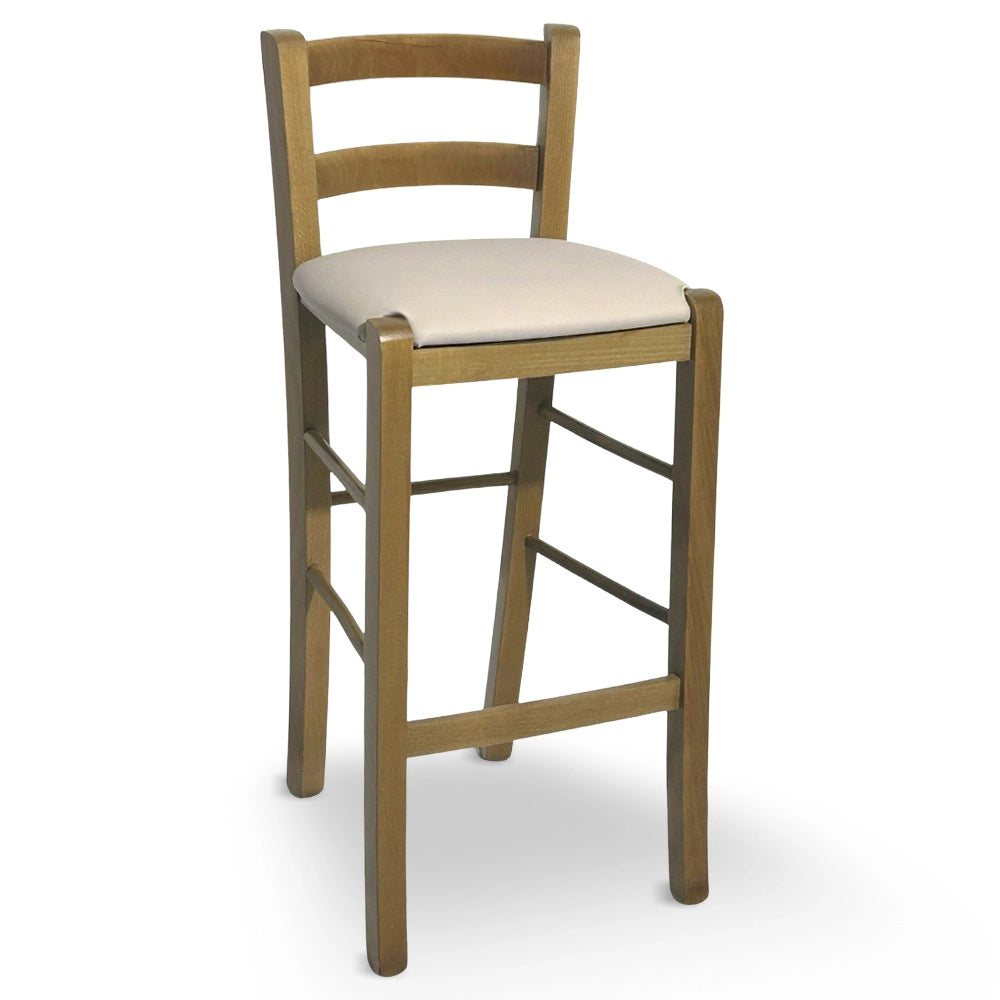 Sgabello in legno noce chiaro con schienale h 66 cm con seduta similpelle beige