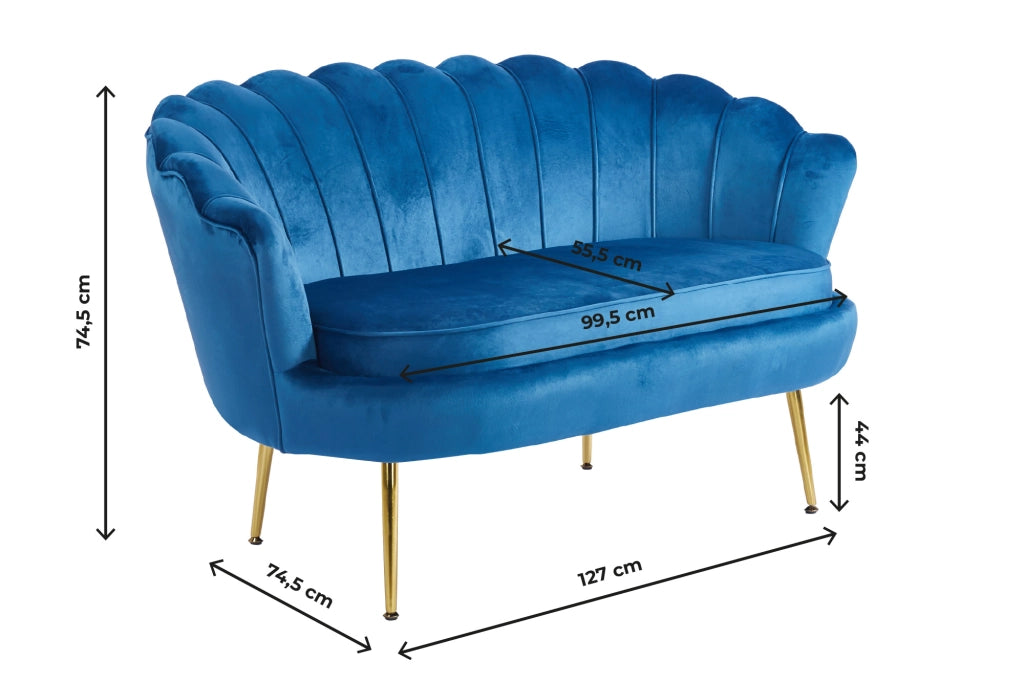 Divano Due 2 Posti In Velluto Forma Conchiglia Gambe In Metallo 133x63x75 Cm Camera Soggiorno Ufficio  Blu