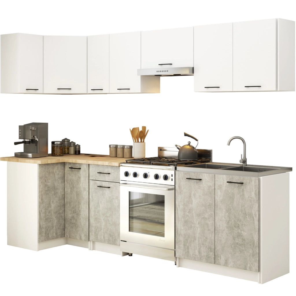 AKORD Set di Mobili da Cucina OLIWIA 300 cm Bianco 300 cm 11 ante 1 cassetto inserto frontale Cemento 300x46x203 cm