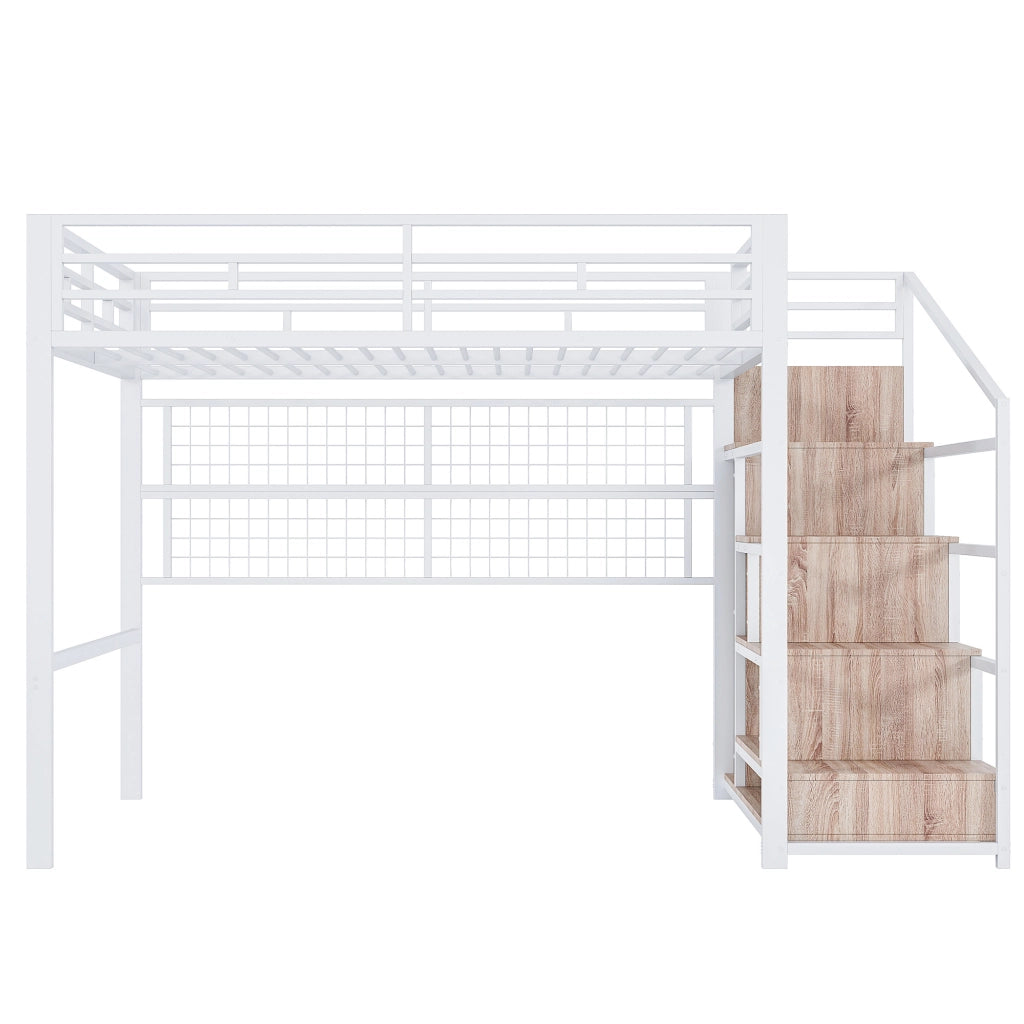 Letto a castello bianco in metallo con armadio e scala portaoggetti 140x200 cm