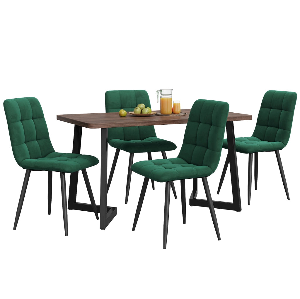 Set tavolo da pranzo 5 pezzi noce e verde scuro con 4 sedie in velluto