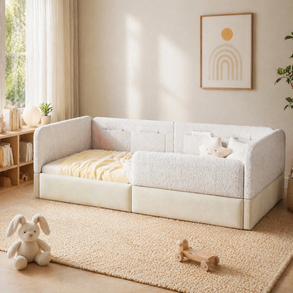 LETTO imbottito 90x200 cm bianco in MDF, PU e velluto