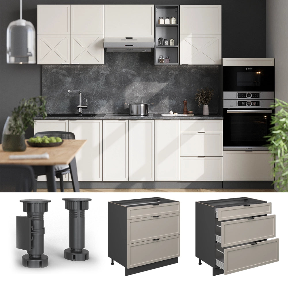 Mobiletto base per cucina Fame-Line GrigioBeige/Antracite 80 cm con 3 cassetti, PL Antracite Vicco