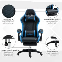 Sedia da Gaming con Altezza Regolabile e Schienale Reclinabile, 65x65x121-129 cm, Blu e Nero