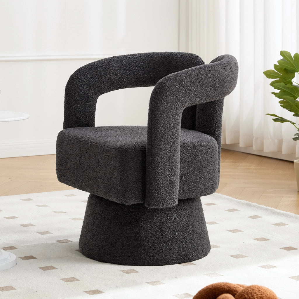 Poltrona girevole 360° in bouclé grigio scuro, con braccioli arrotondati e base in metallo