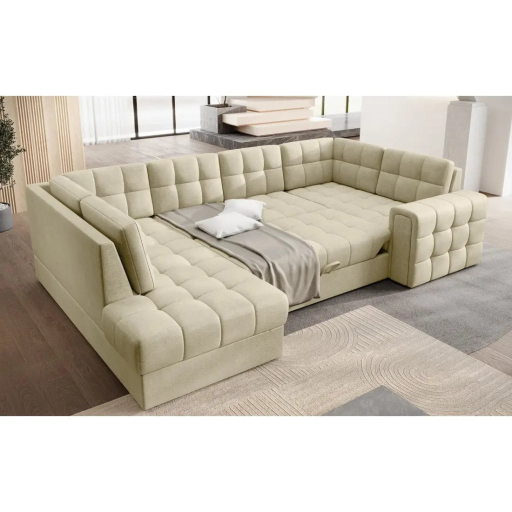 Divano angolare convertibile MONTEZA beige sinistro 299 cm con contenitore e letto