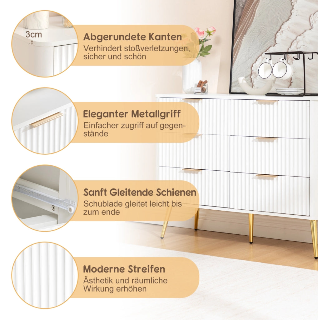 Cassettiera bianca a 6 cassetti in MDF con guide soft-close e gambe da 20 cm