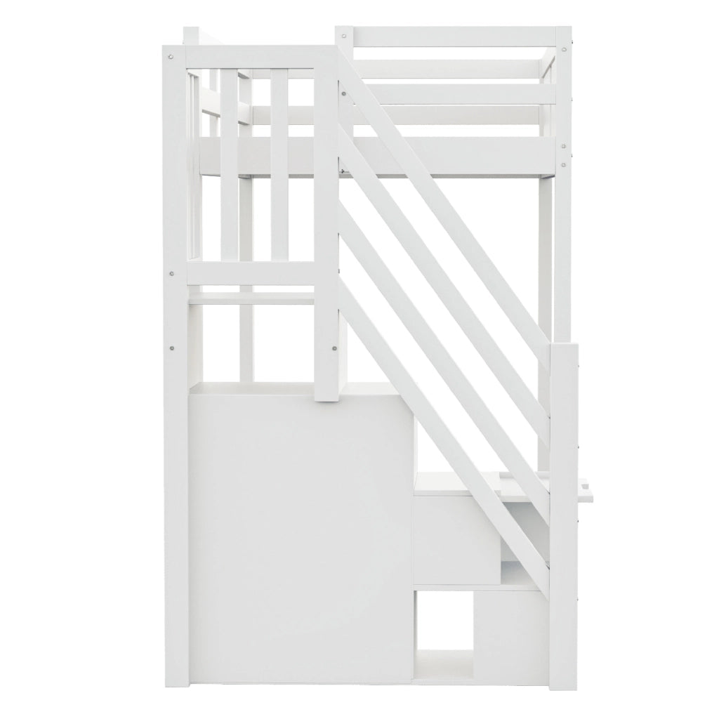 Letto a soppalco 90x200 cm con scala reversibile e vani portaoggetti in legno bianco
