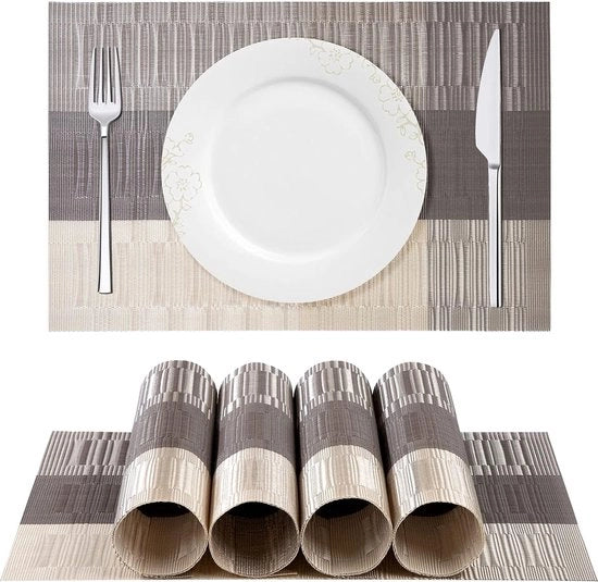 Set di tovaglie antiscivolo, lavabili in PVC e resistente al calore, tovaglie per la tavola da pranzo (marrone/argento)