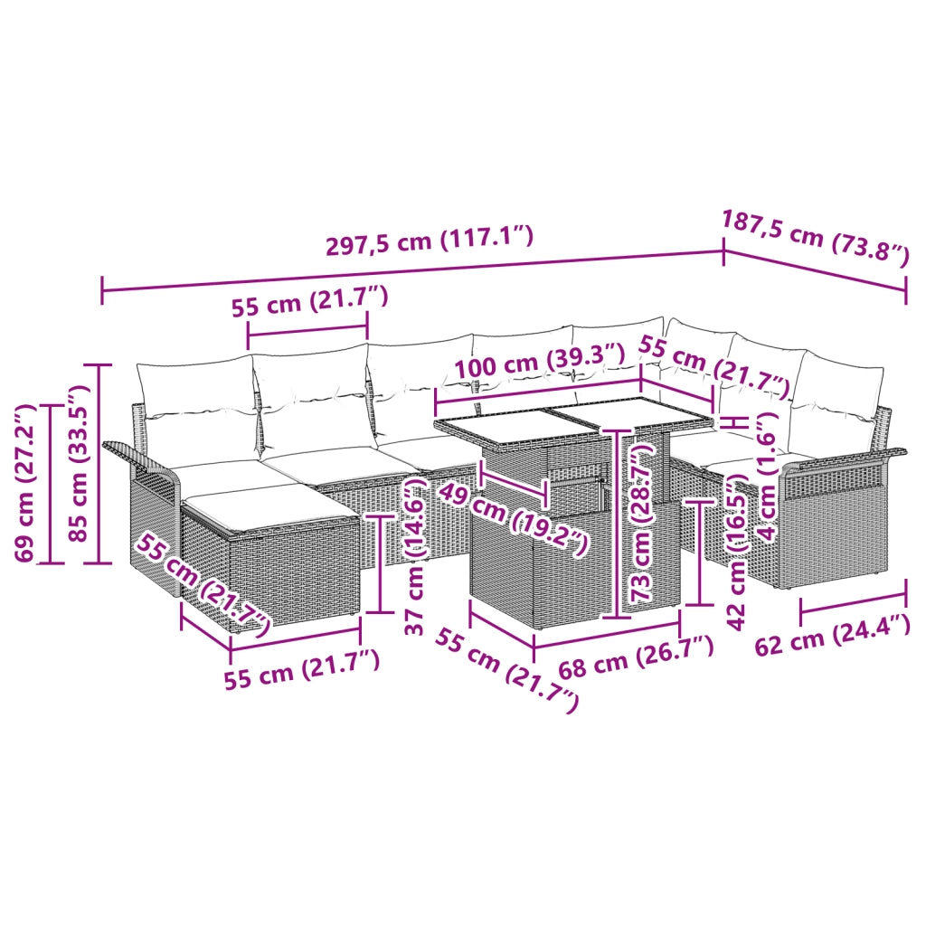 Set Divano da Giardino 9 Pezzi con Cuscini Grigio Poly Rattan