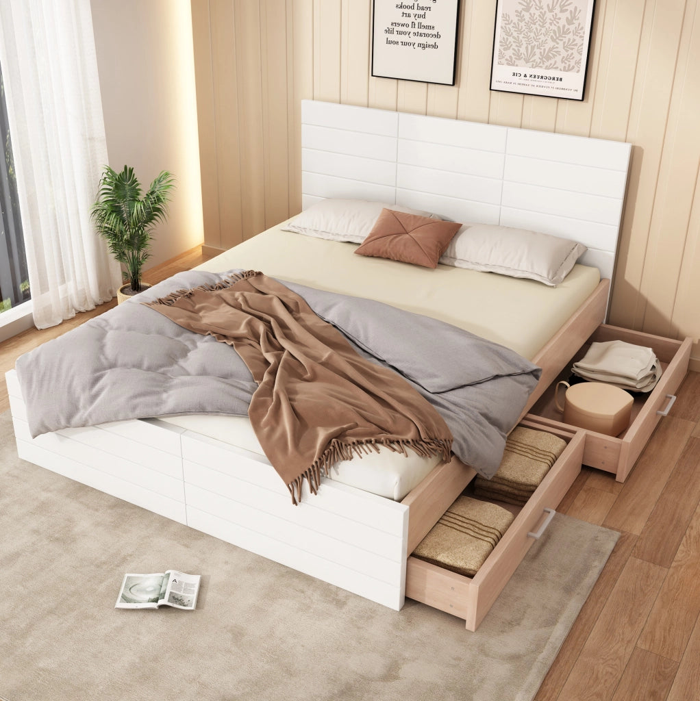 Letto matrimoniale 160x200 cm con 2 cassetti; in legno massello e MDF; bianco e rovere chiaro