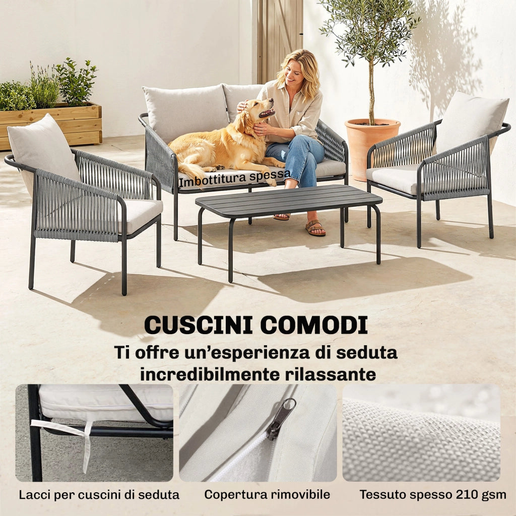 Set Giardino 4 Pezzi Divano Poltrone Tavolo in Rattan ¨C zephmum ¨C Khaki