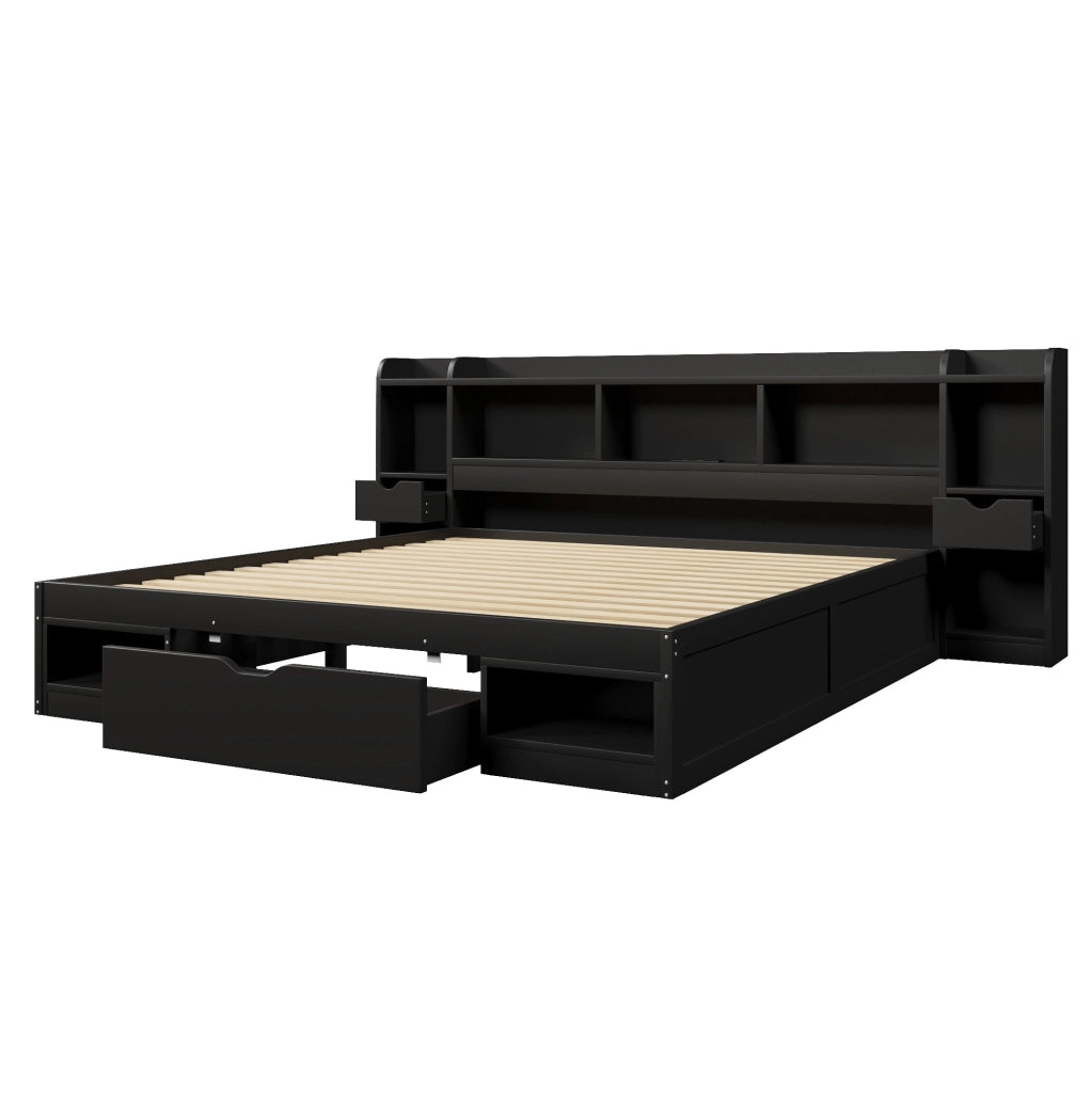 Letto 180x200 cm con LED, USB e 3 cassetti in MDF e compensato nero