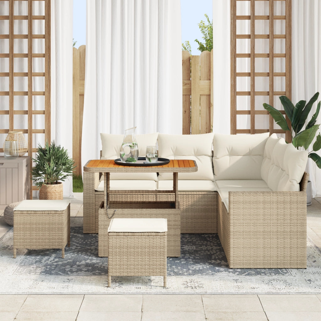 Set di Divani da Giardino a 8 Pezzi con Cuscini Beige Polyrattan Acacia